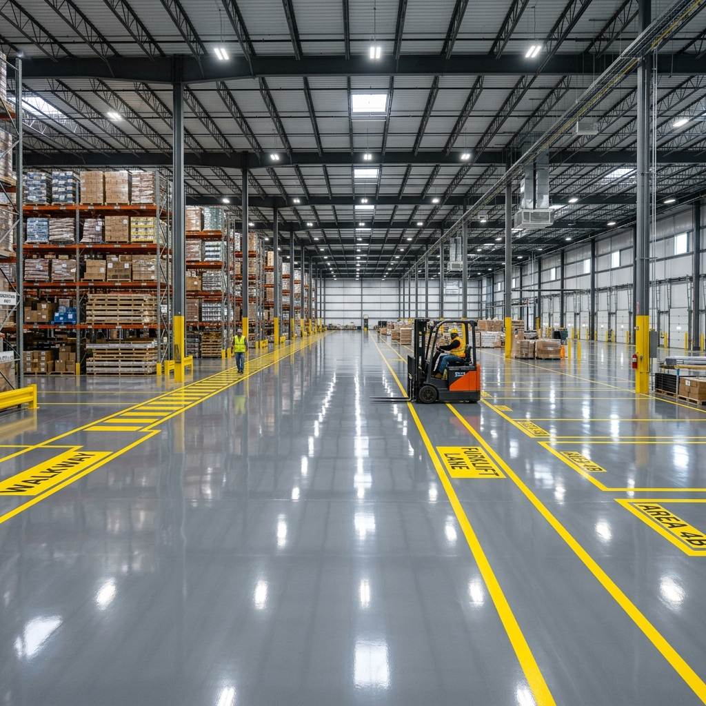 Industrial warehouse with high-gloss commercial epoxy floor coating and safety striping in Marion County FL